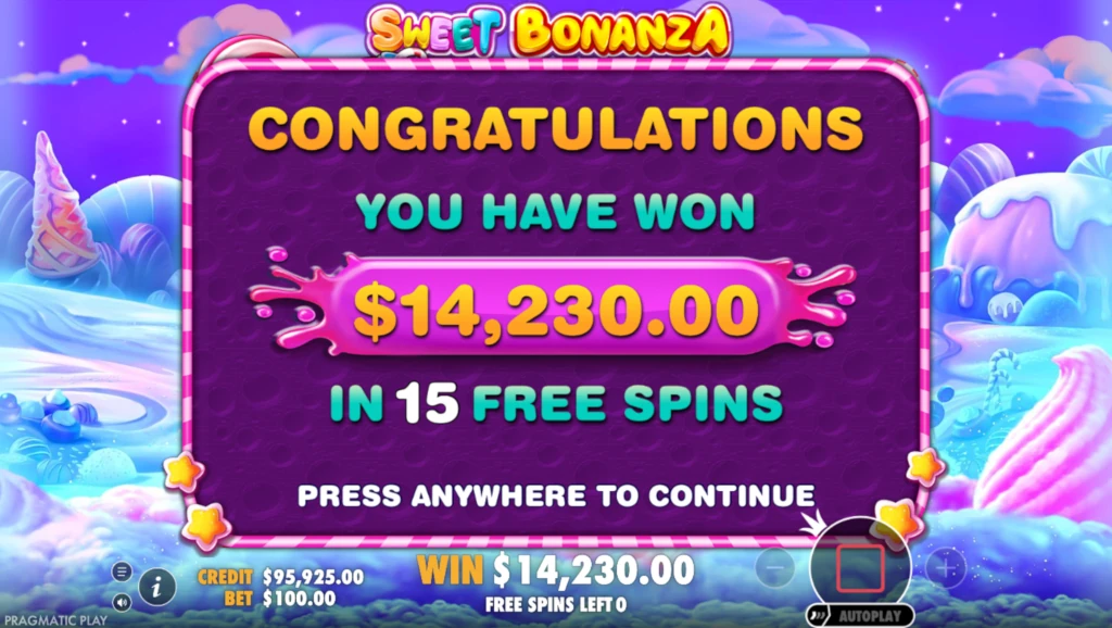 Sweet Bonanza slot machine game showing colorful candy symbols and free spins bonus round.